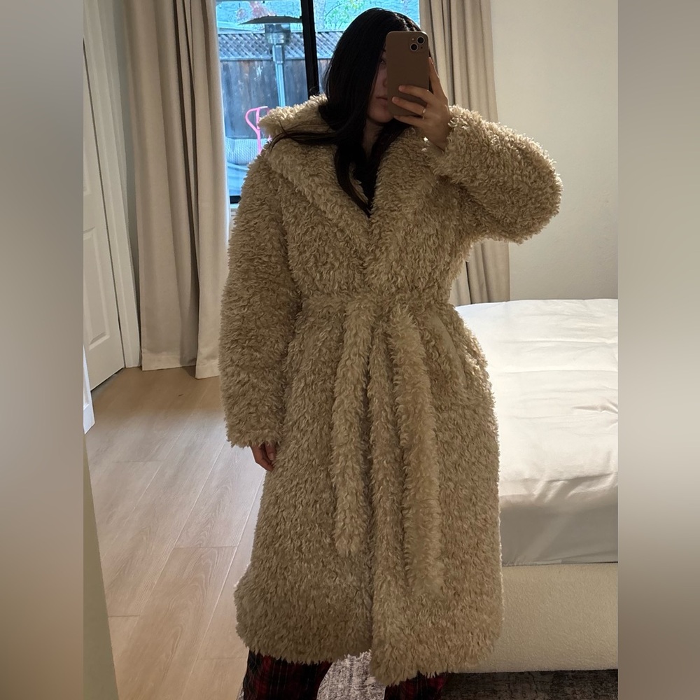H&M TIE-BELT TEDDY FLEECE COAT - Picture 5 of 6